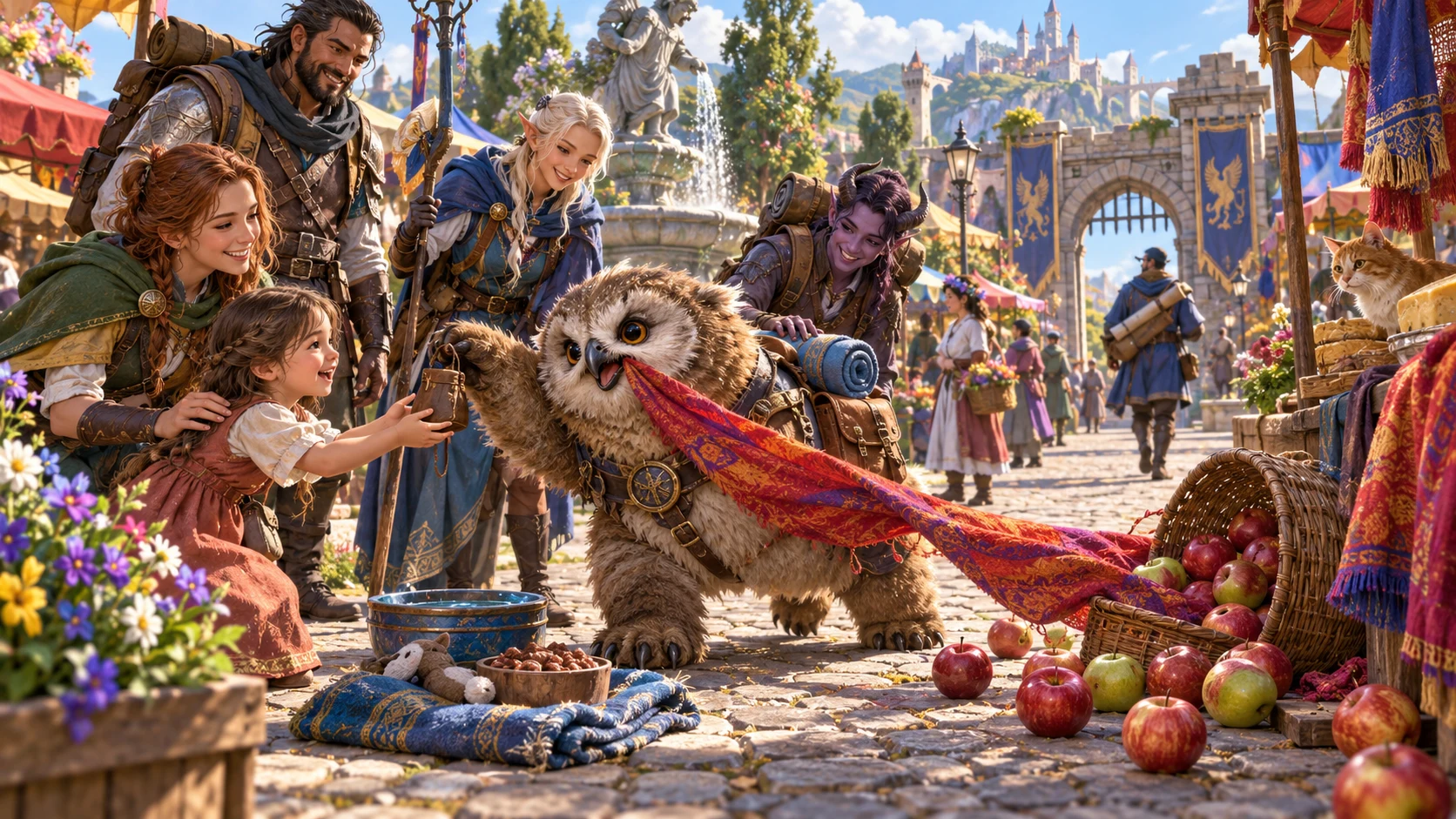Illustration of a pet bringing help and trouble to a market scene